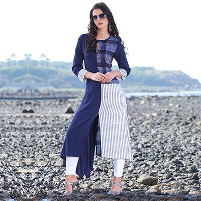 Charming Navy Blue Designer Printed Rayon Kurti