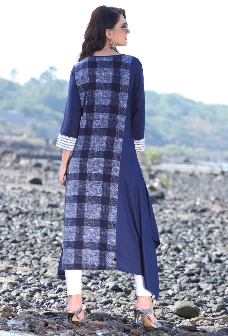 Charming Navy Blue Designer Printed Rayon Kurti