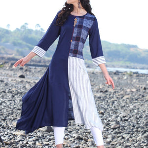 Charming Navy Blue Designer Printed Rayon Kurti