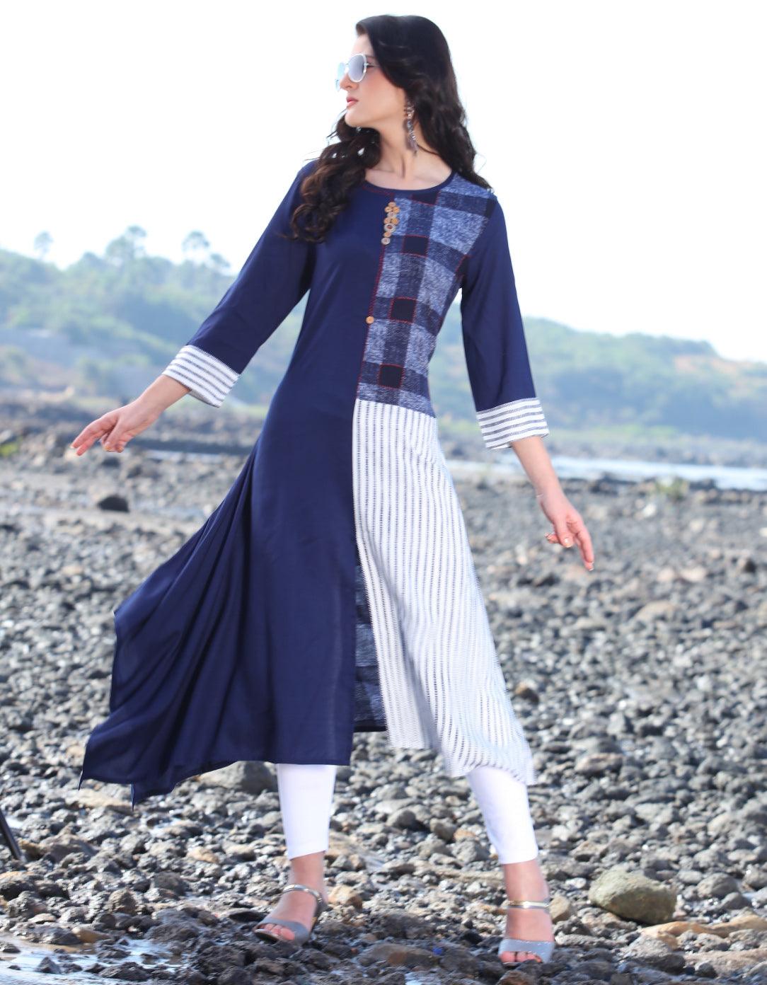 Charming Navy Blue Designer Printed Rayon Kurti