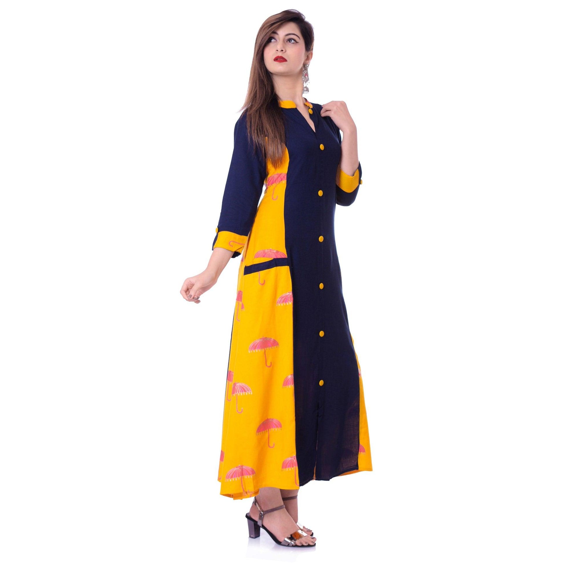 Charming Navy Blue-Yellow Colored Casual Wear Printed Rayon Kurti