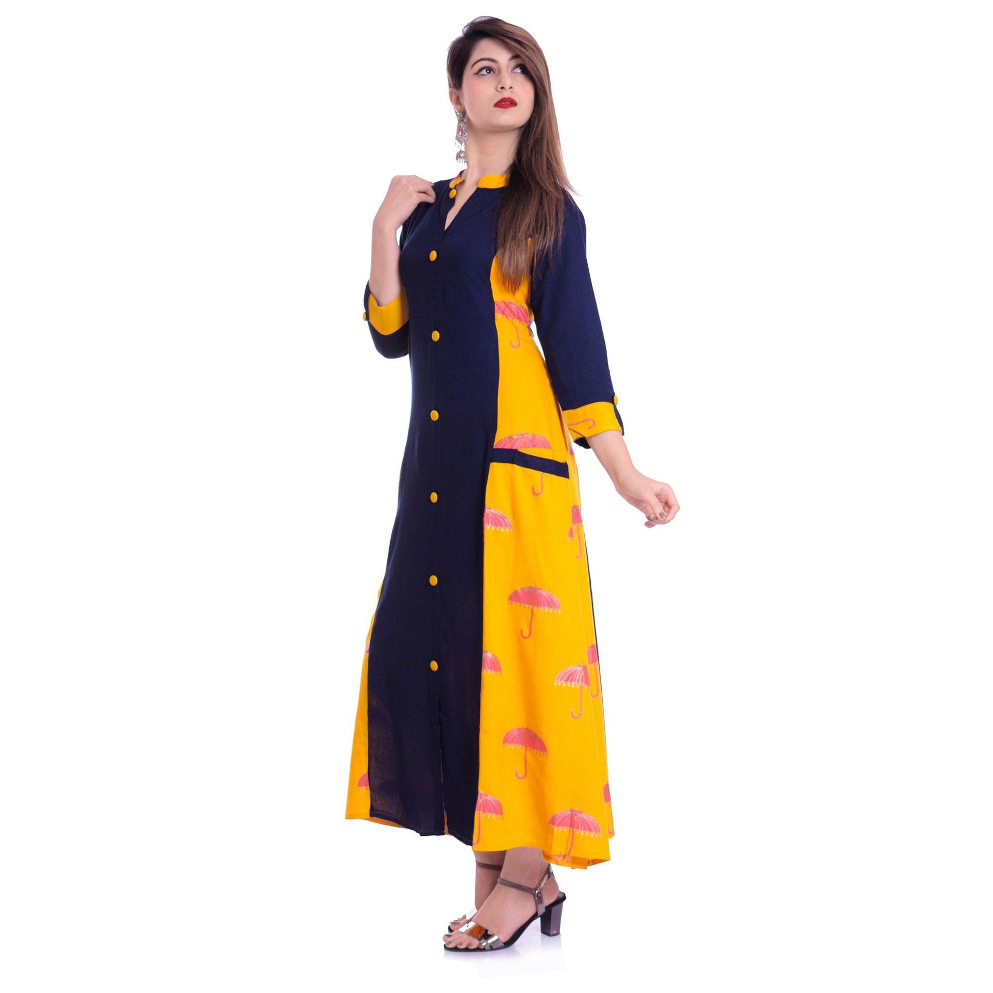 Charming Navy Blue-Yellow Colored Casual Wear Printed Rayon Kurti