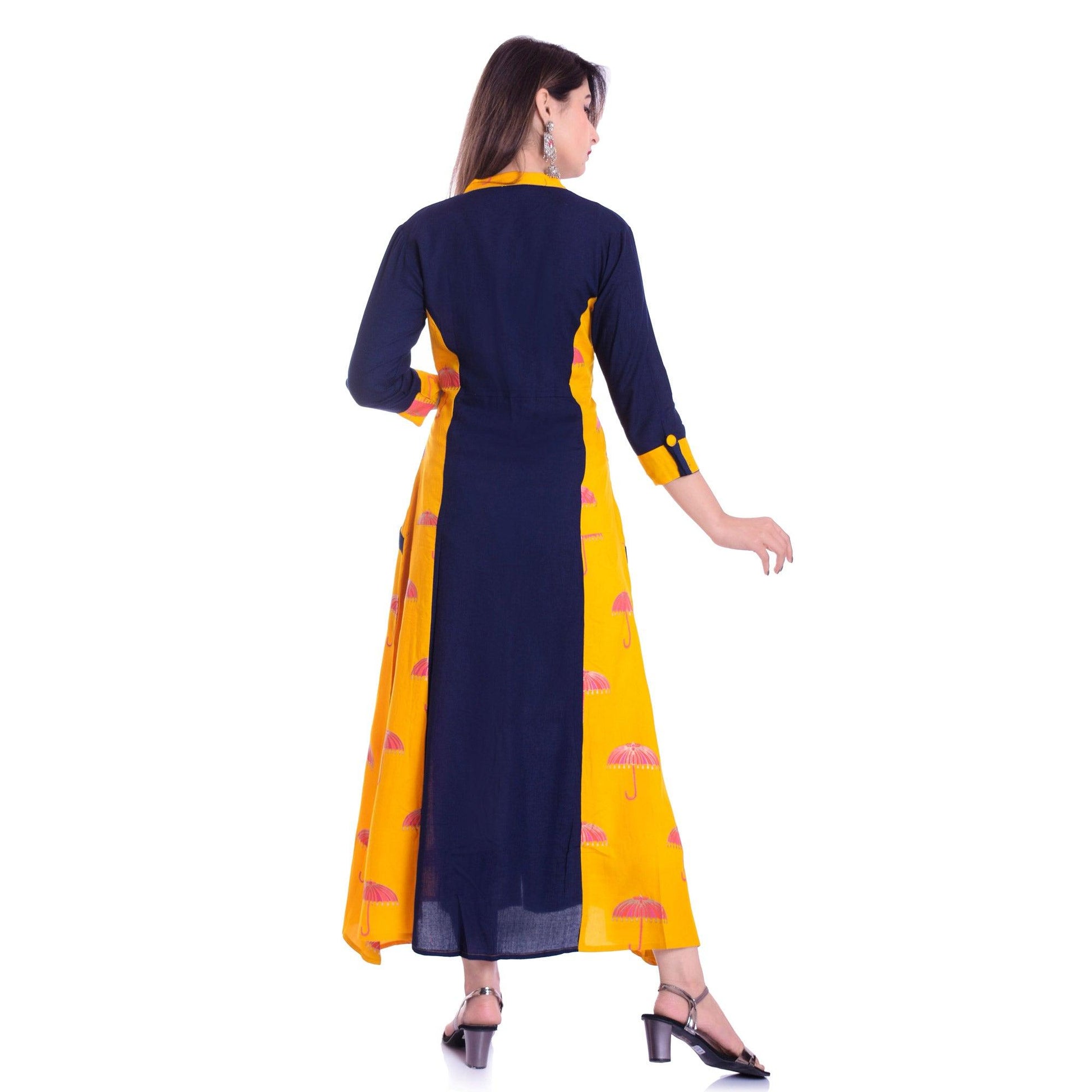 Charming Navy Blue-Yellow Colored Casual Wear Printed Rayon Kurti