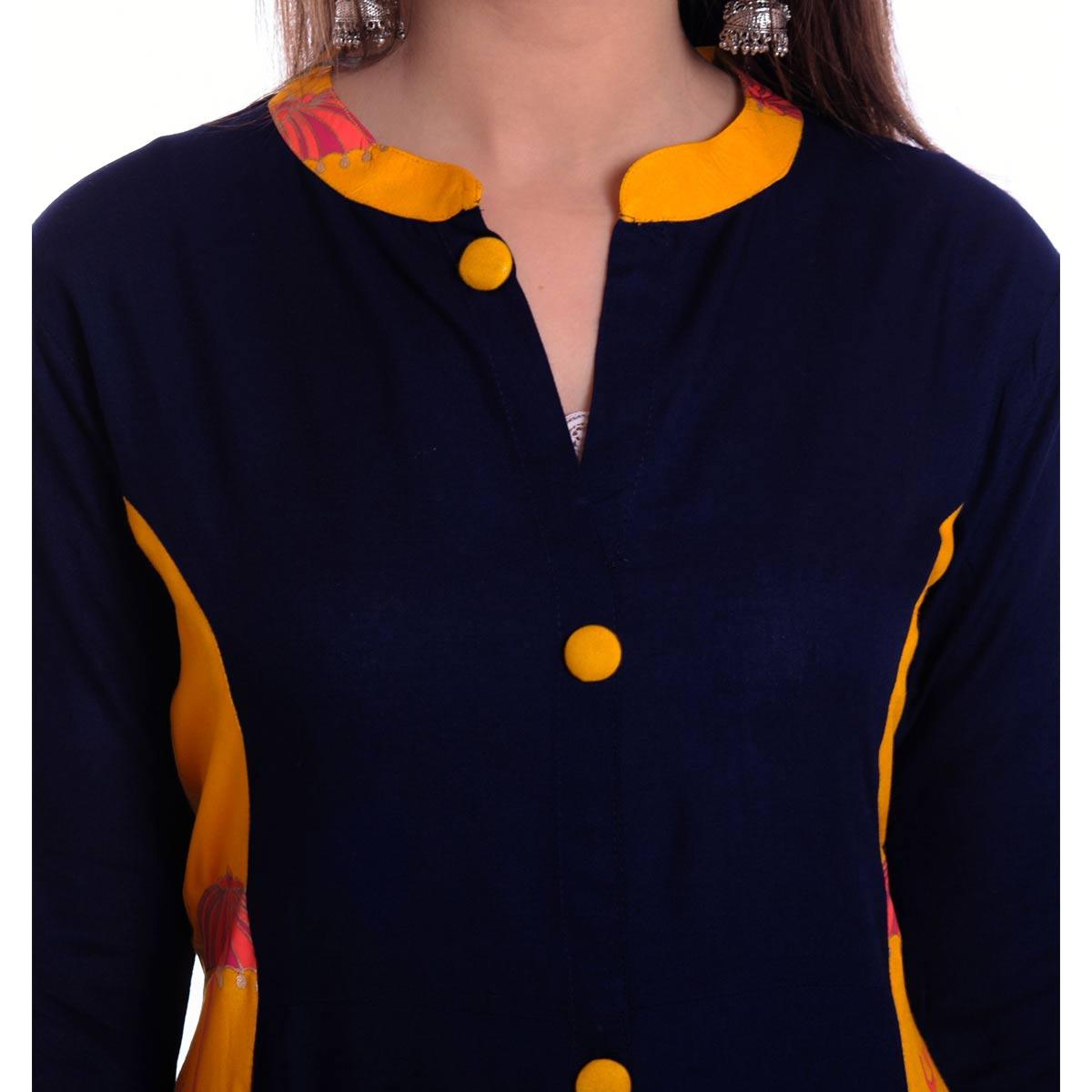 Charming Navy Blue-Yellow Colored Casual Wear Printed Rayon Kurti