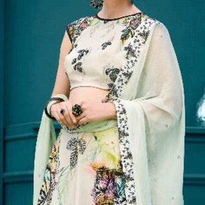 Charming Off-White Colored Designer Partywear Digital Printed Silk Lehenga Choli