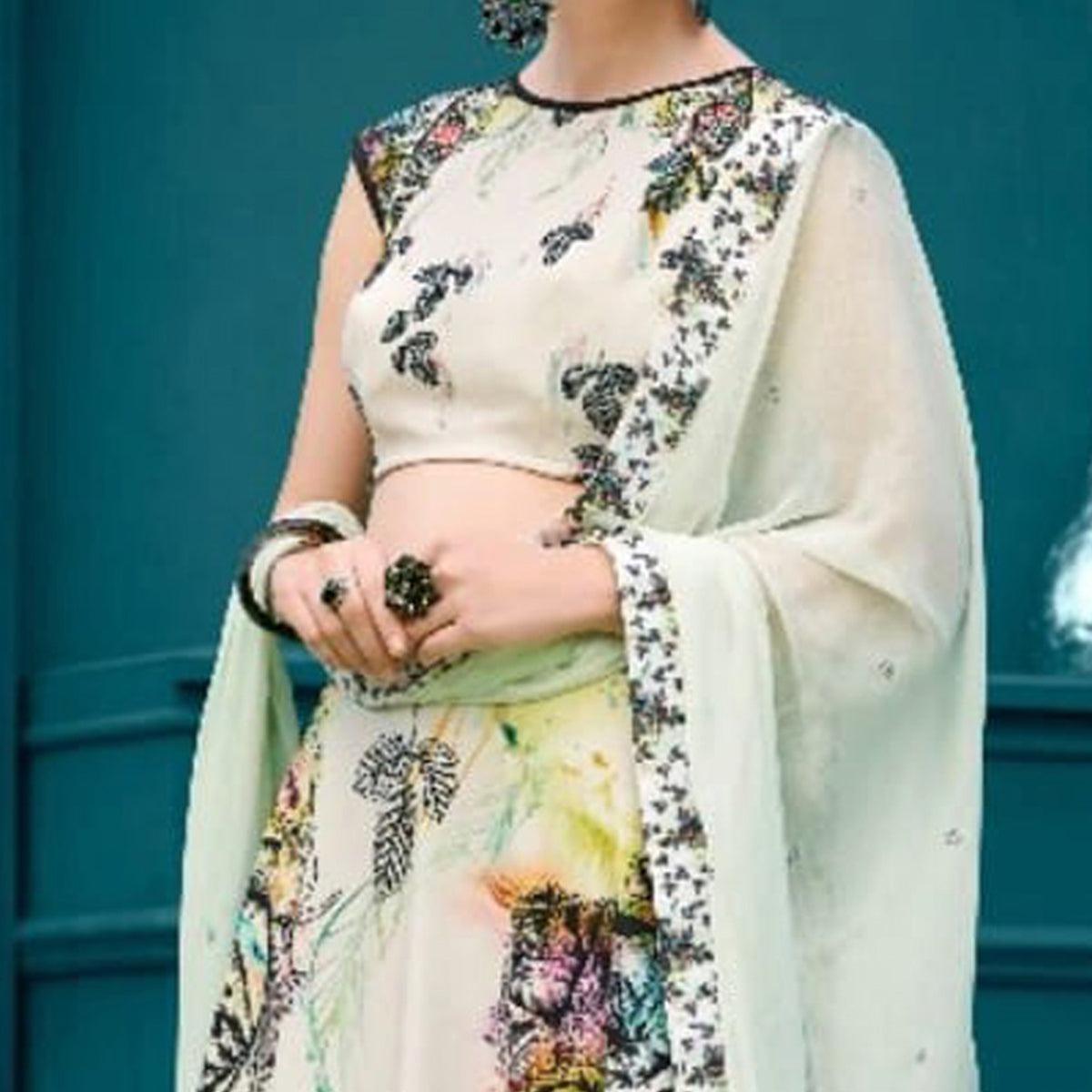 Charming Off-White Colored Designer Partywear Digital Printed Silk Lehenga Choli