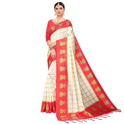 Charming Off White-Red Colored Festive Wear Printed Mysore Silk Saree
