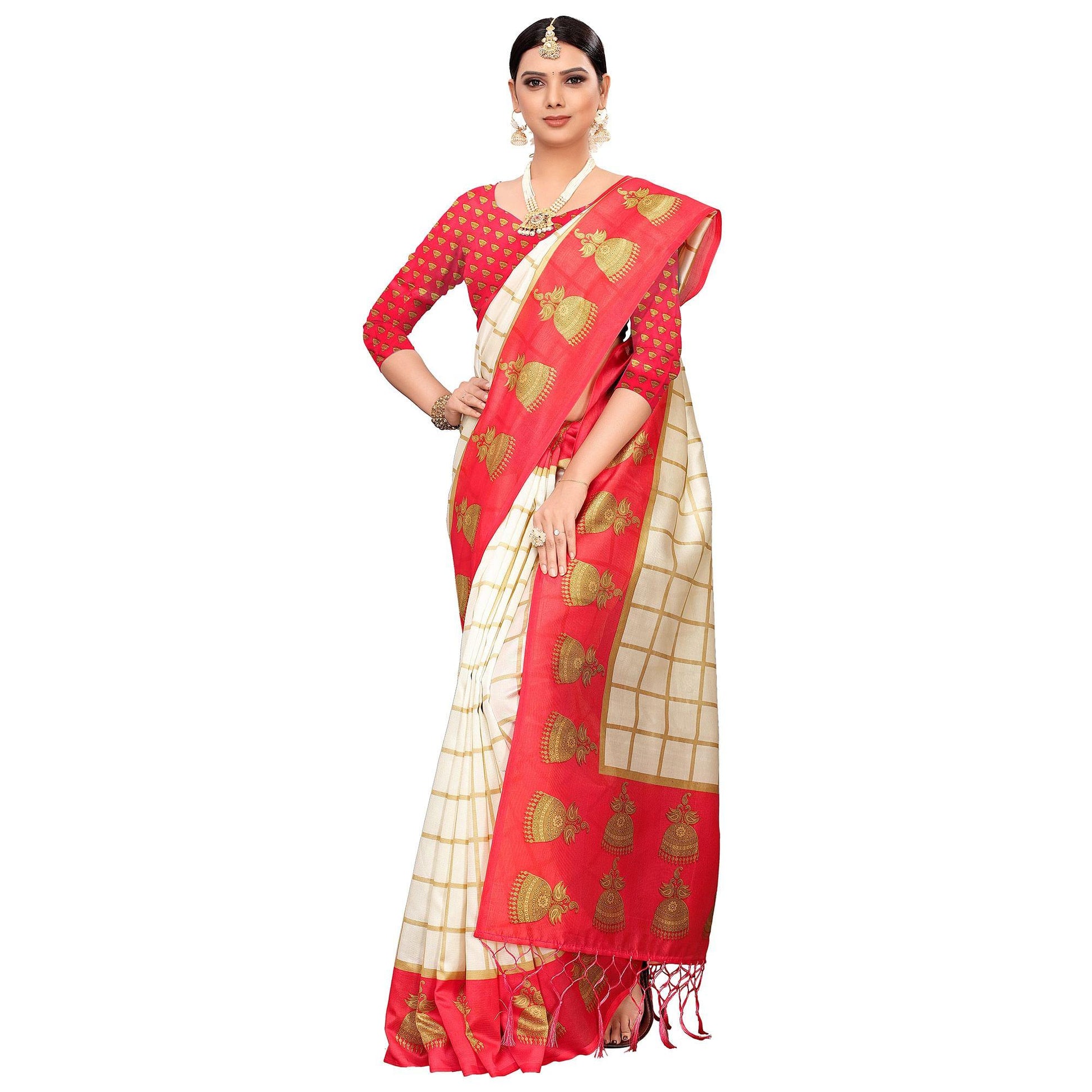 Charming Off White-Red Colored Festive Wear Printed Mysore Silk Saree