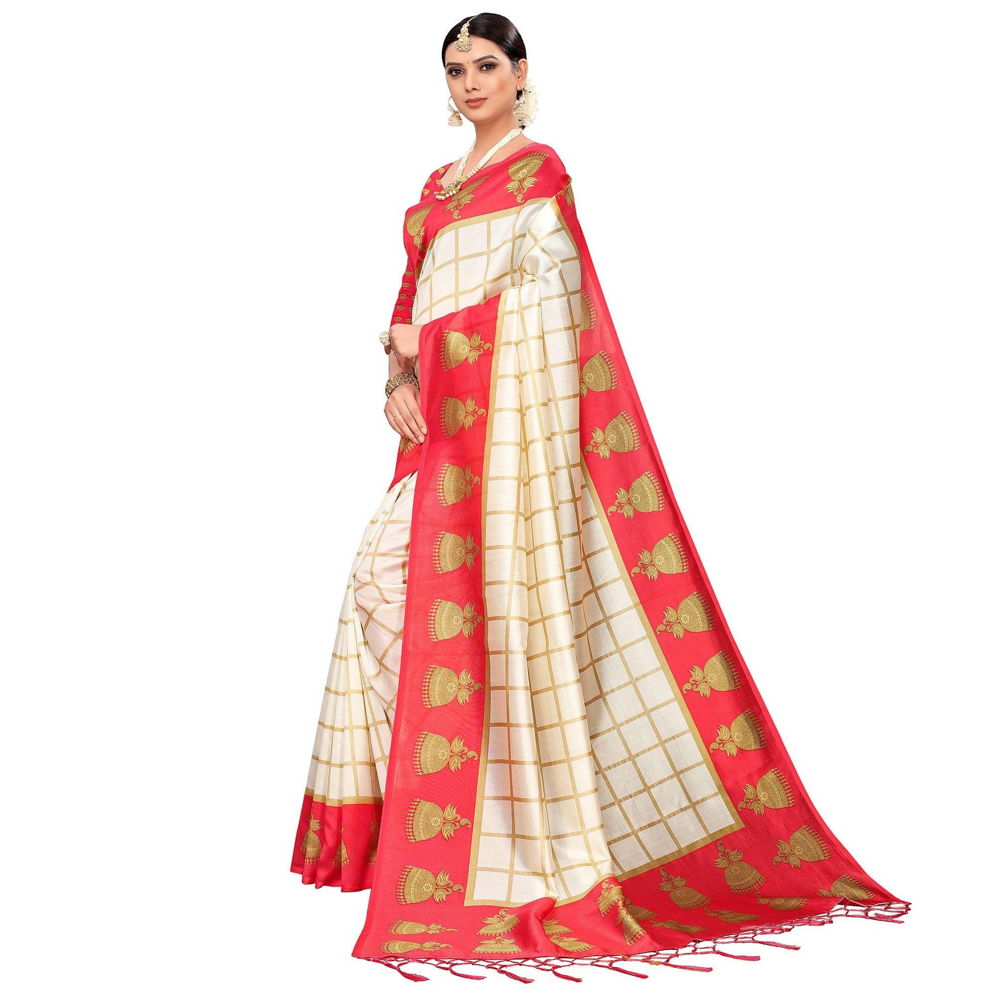 Charming Off White-Red Colored Festive Wear Printed Mysore Silk Saree