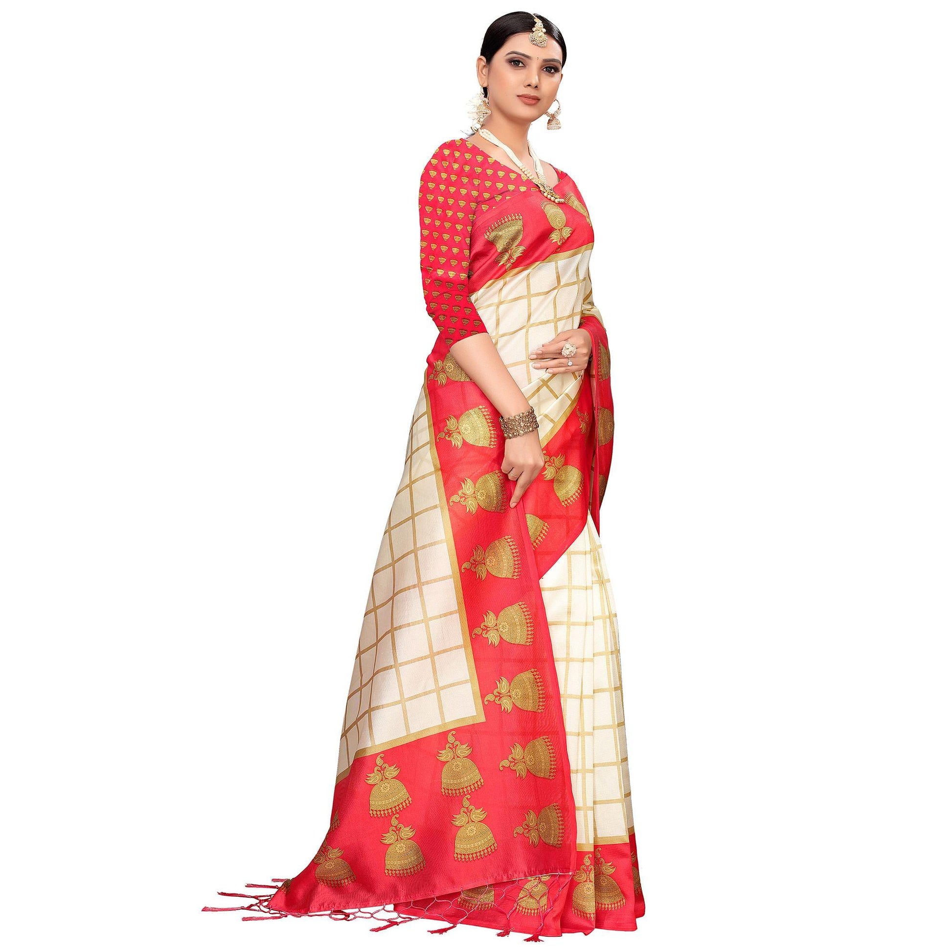 Charming Off White-Red Colored Festive Wear Printed Mysore Silk Saree