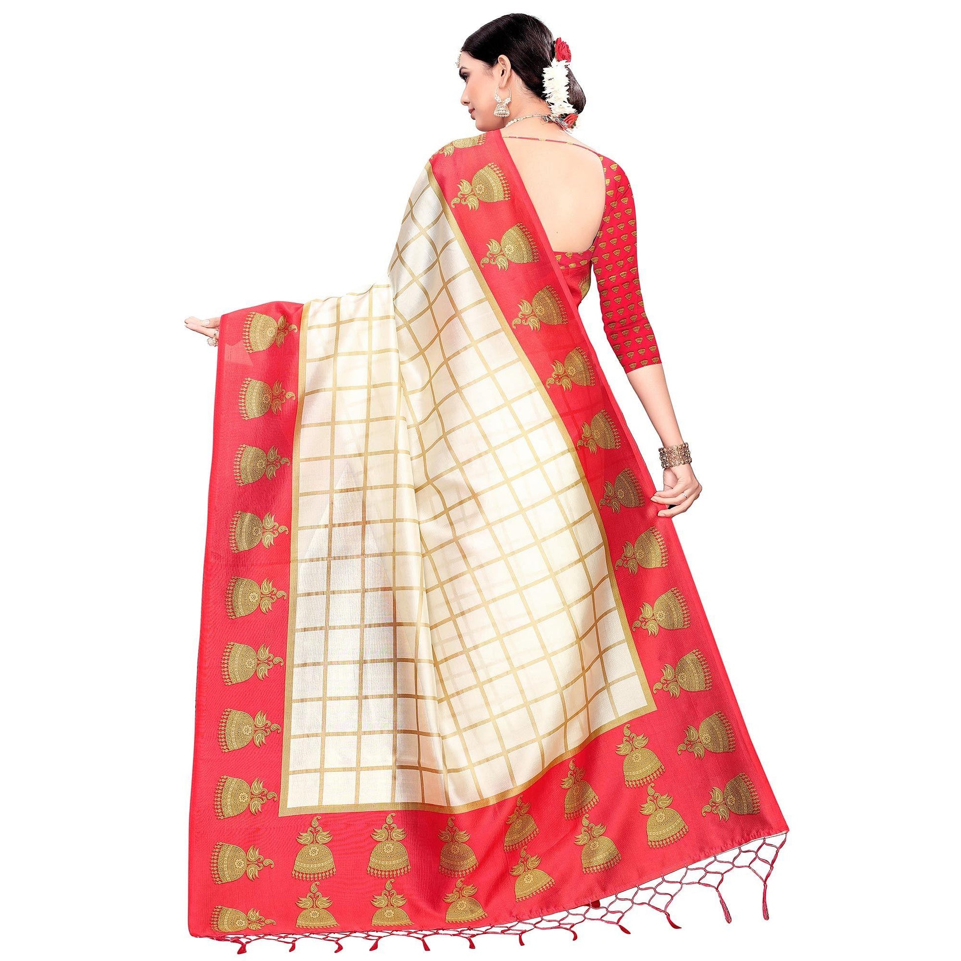Charming Off White-Red Colored Festive Wear Printed Mysore Silk Saree