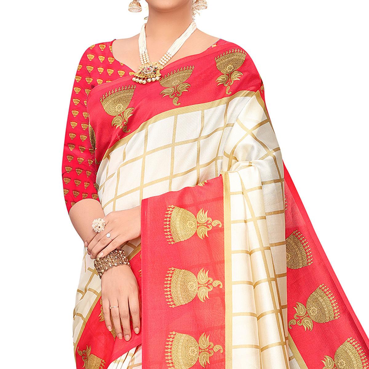 Charming Off White-Red Colored Festive Wear Printed Mysore Silk Saree