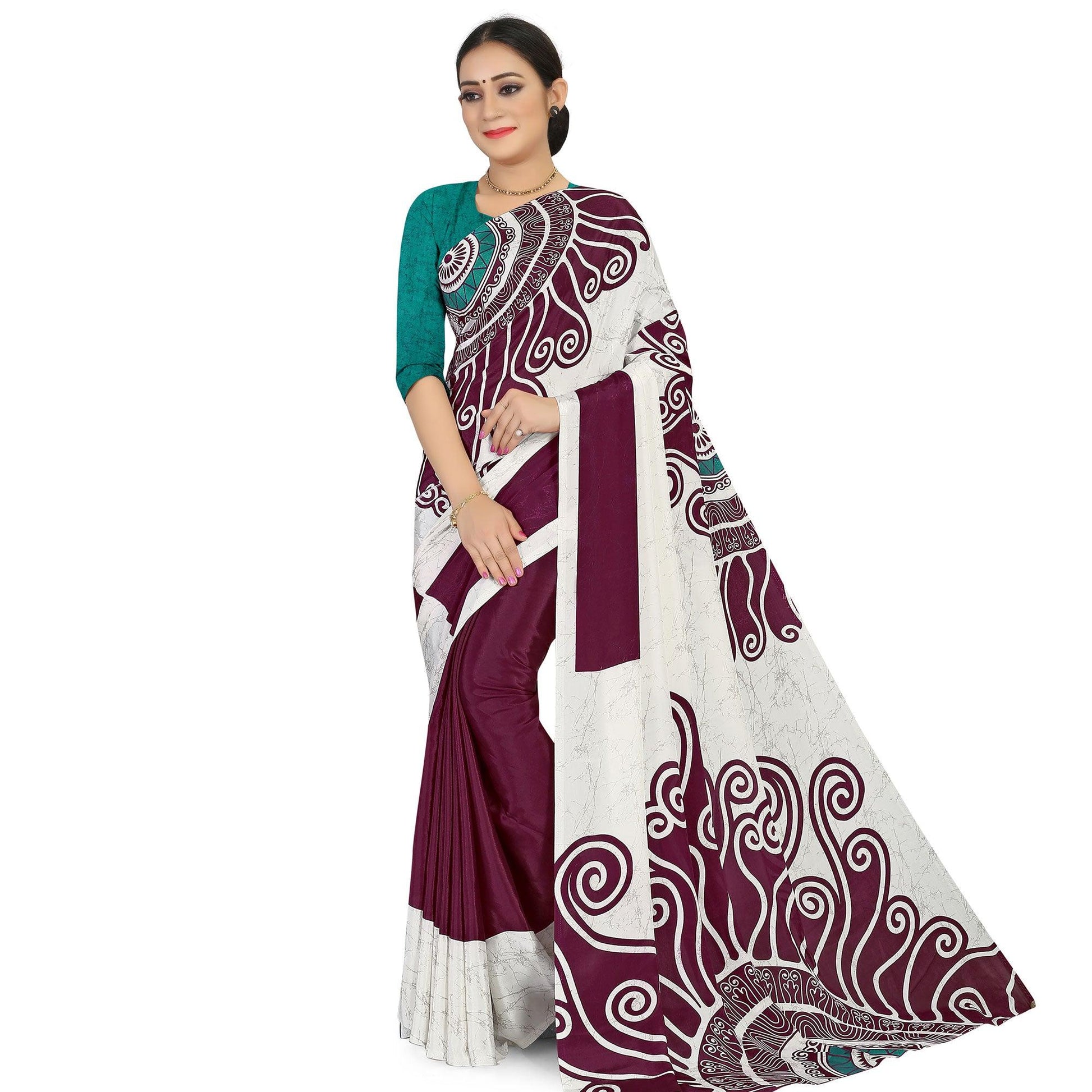 Charming Offwhite - Wine Colored Casual Wear Printed Satin Saree
