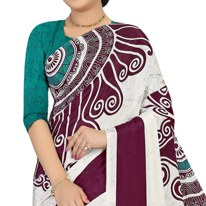Charming Offwhite - Wine Colored Casual Wear Printed Satin Saree