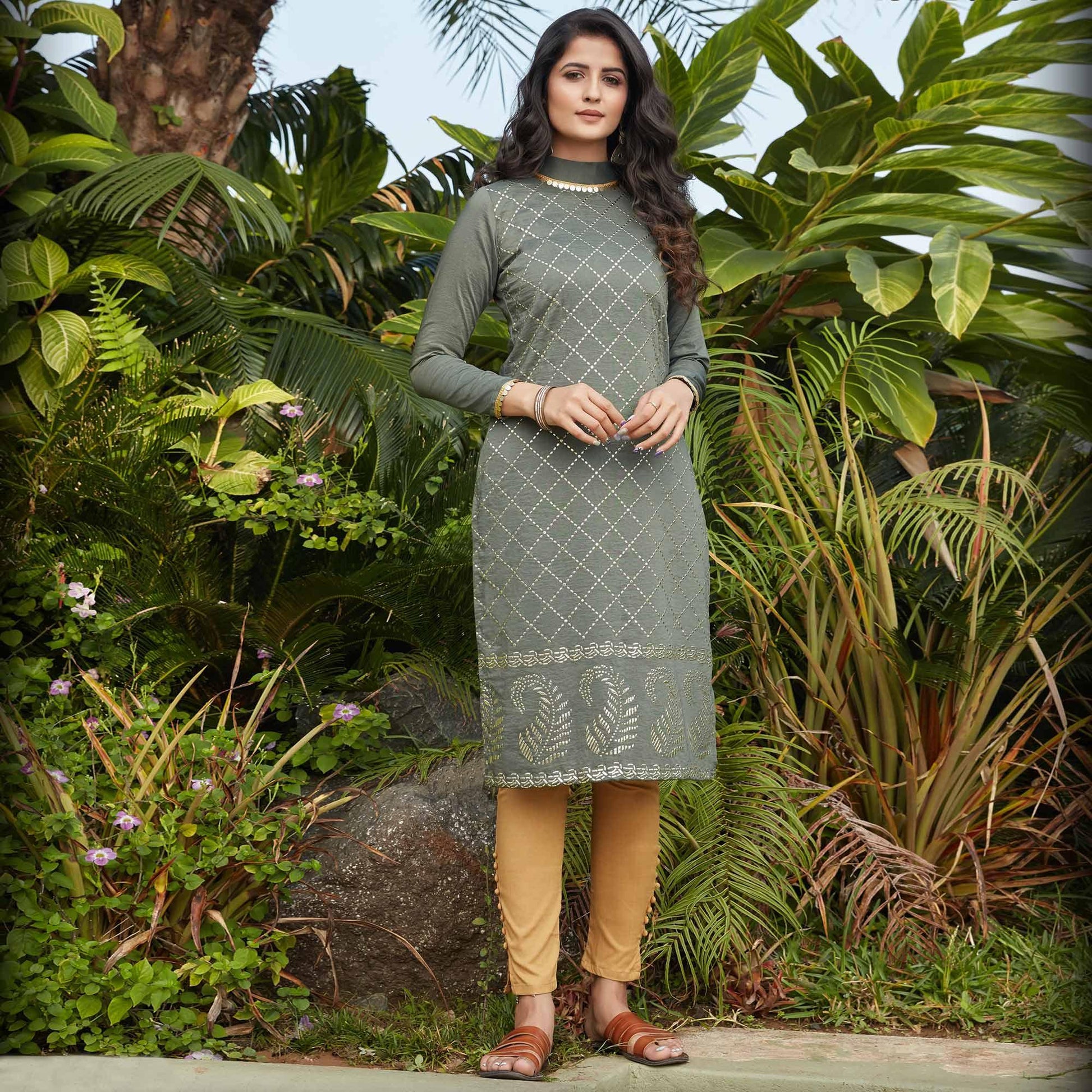 Charming Olive Green Casual Wear Glistering Embellishment Silky Cotton Kurti