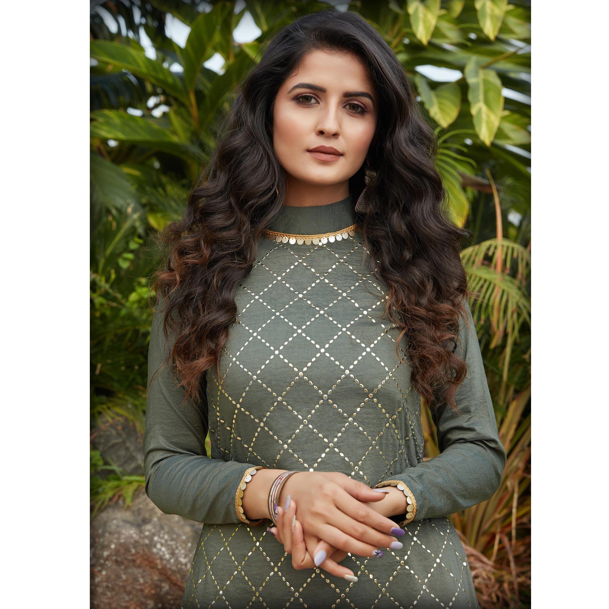 Charming Olive Green Casual Wear Glistering Embellishment Silky Cotton Kurti