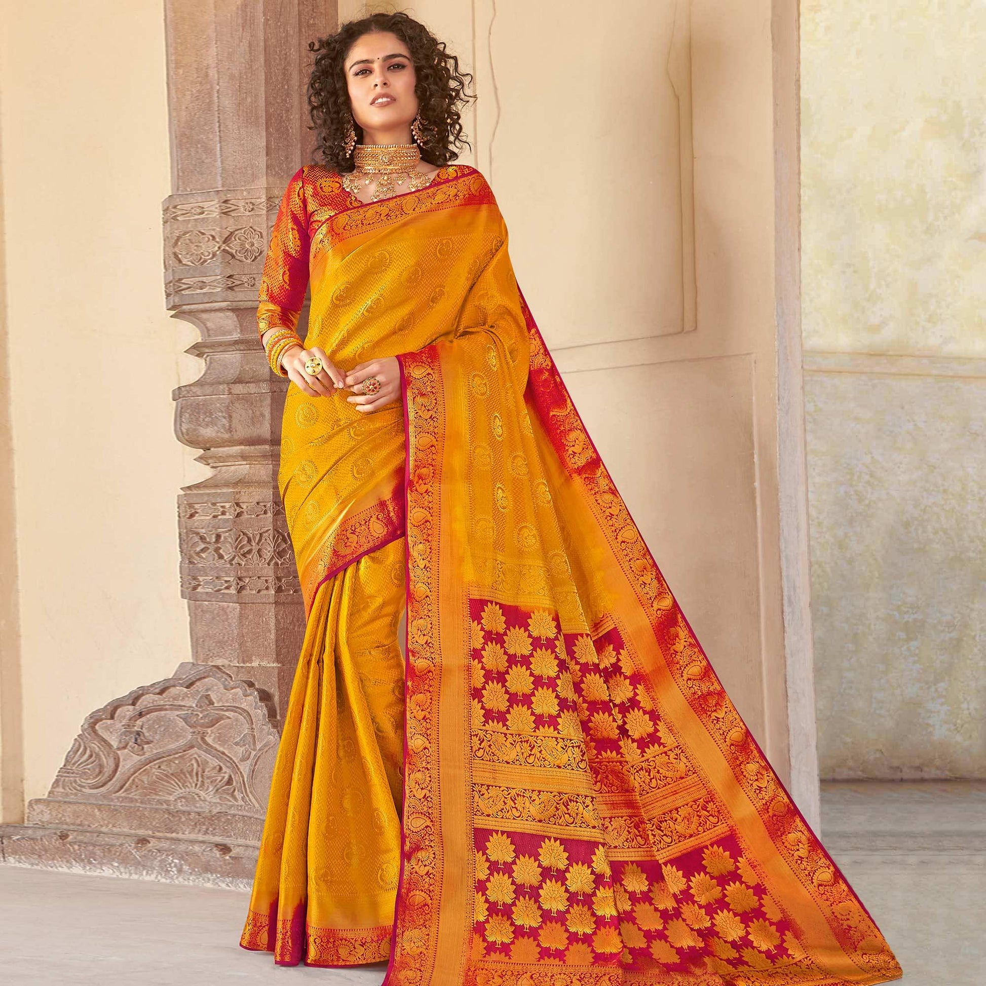 Charming Orange Colored Festive Wear Woven Silk Saree