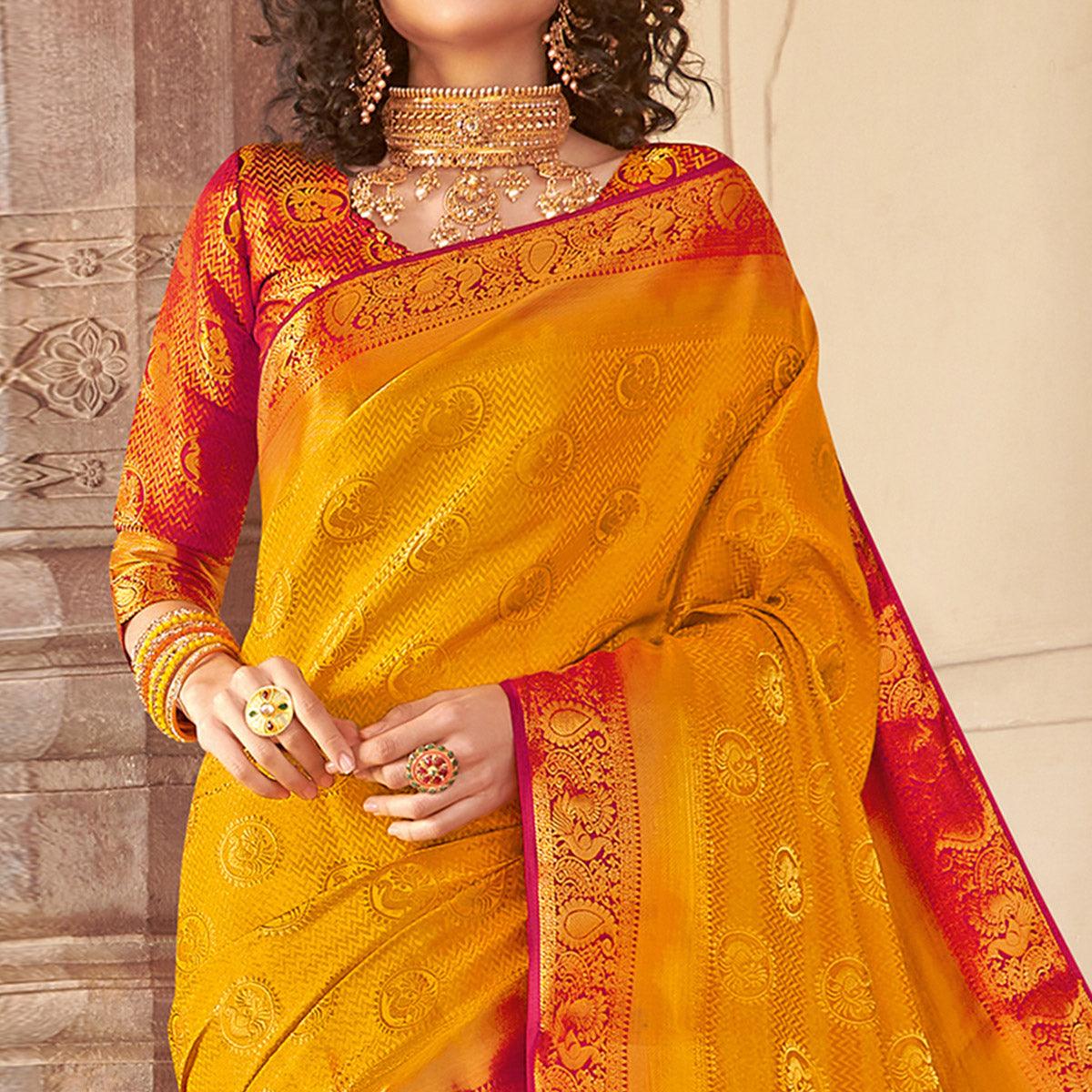 Charming Orange Colored Festive Wear Woven Silk Saree