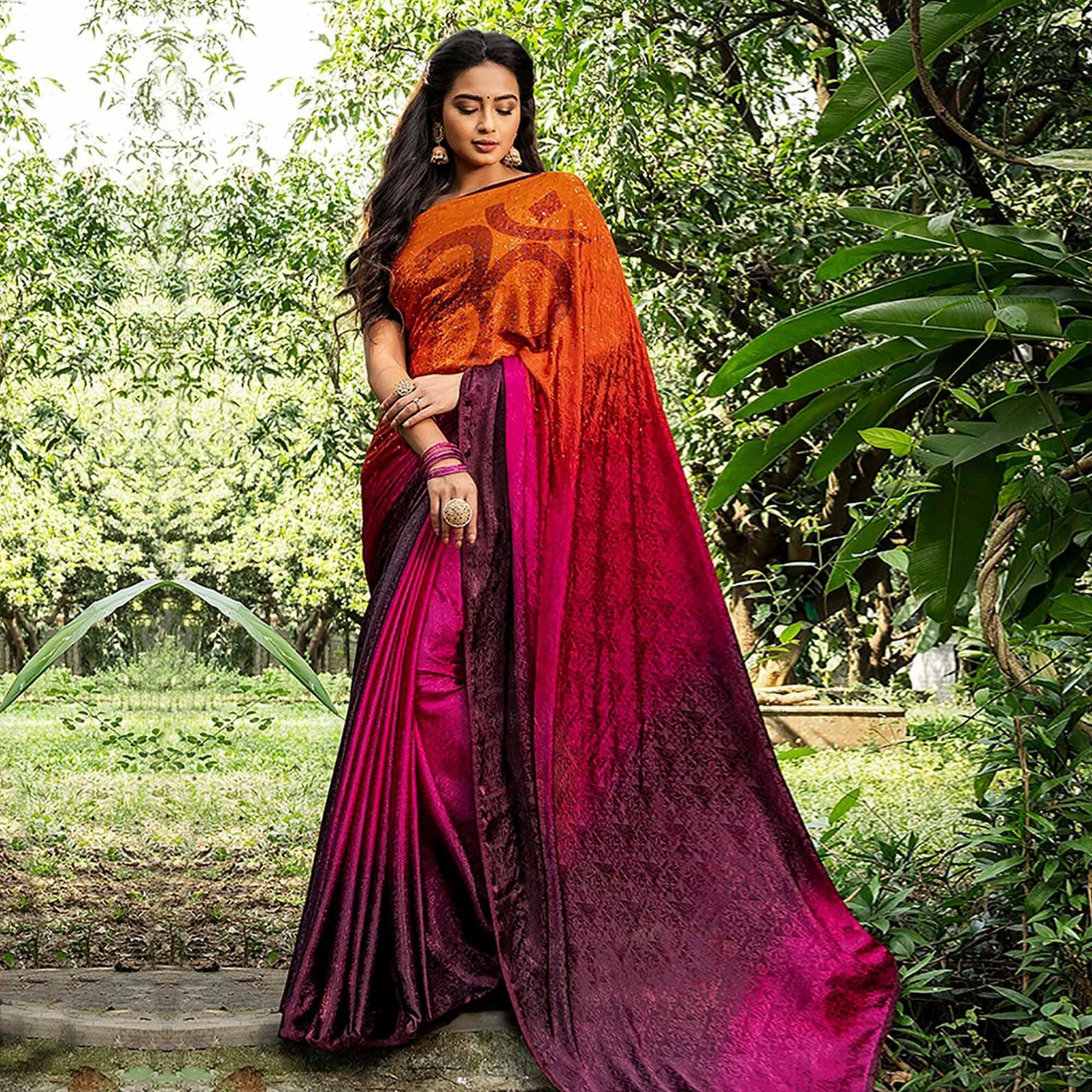 Charming Orange - Pink Colored Partywear Printed Silk Crape Saree