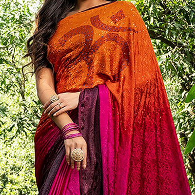 Charming Orange - Pink Colored Partywear Printed Silk Crape Saree