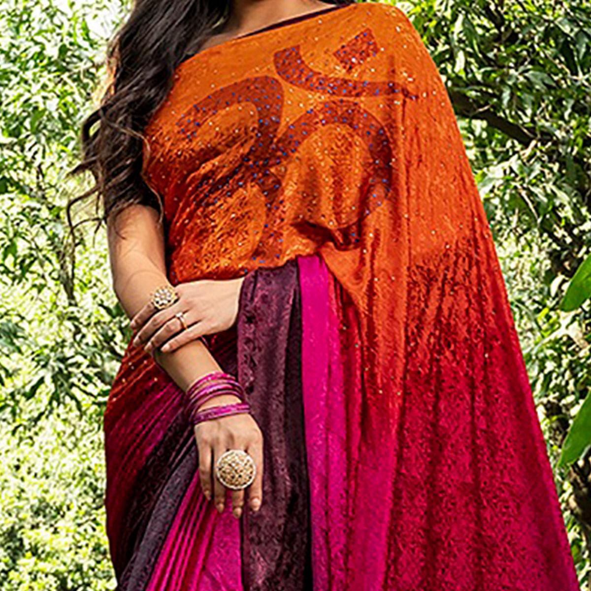 Charming Orange - Pink Colored Partywear Printed Silk Crape Saree