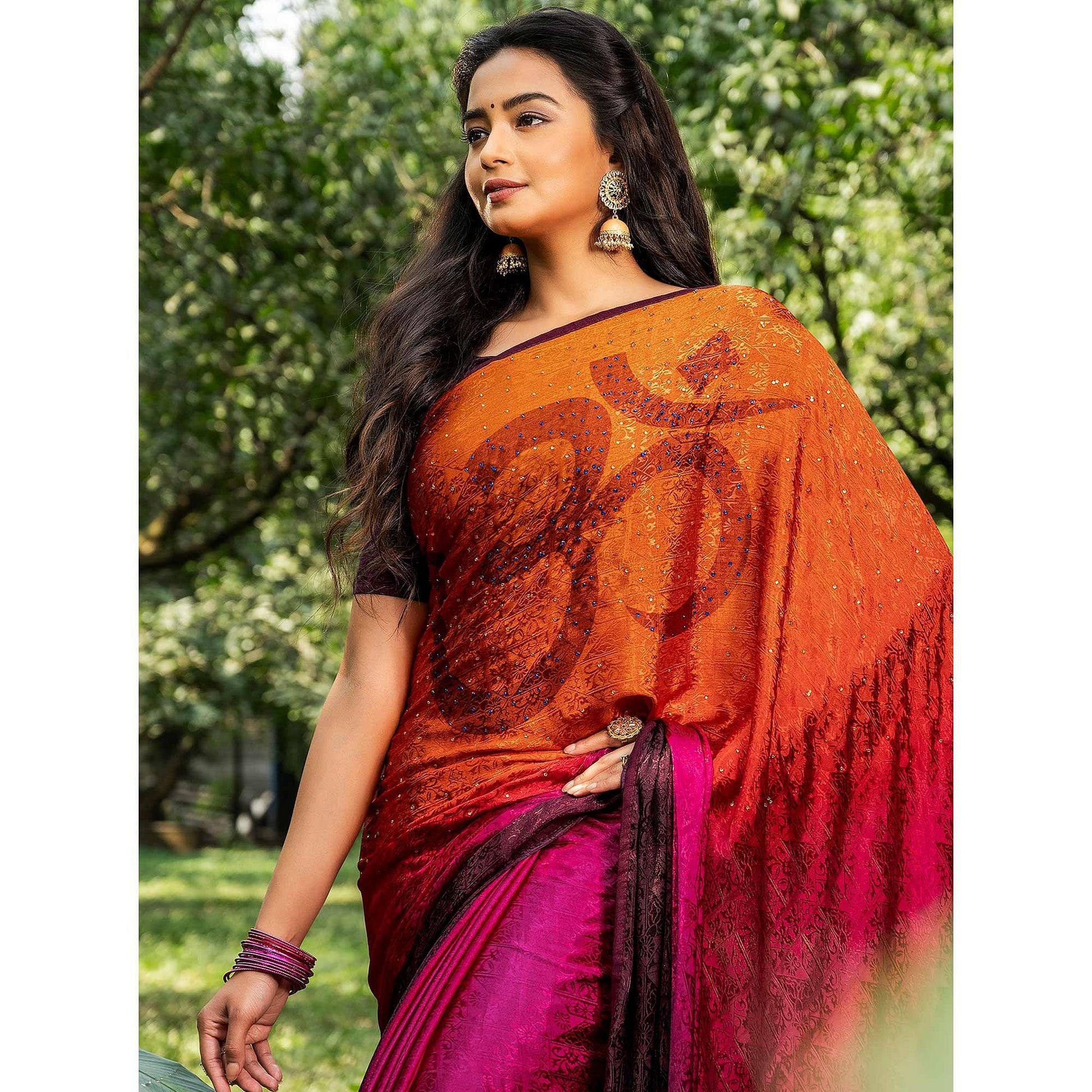 Charming Orange - Pink Colored Partywear Printed Silk Crape Saree