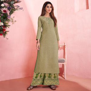 Charming Pastel Olive Green Colored Partywear Embroidered Rayon Kurti-Palazzo Set