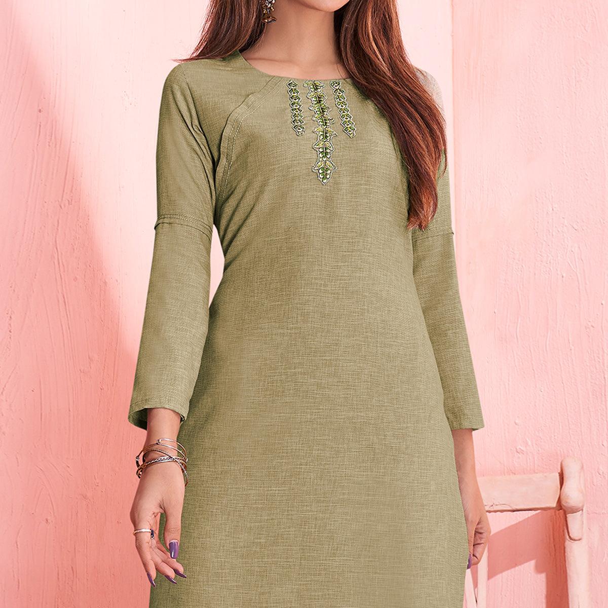 Charming Pastel Olive Green Colored Partywear Embroidered Rayon Kurti-Palazzo Set