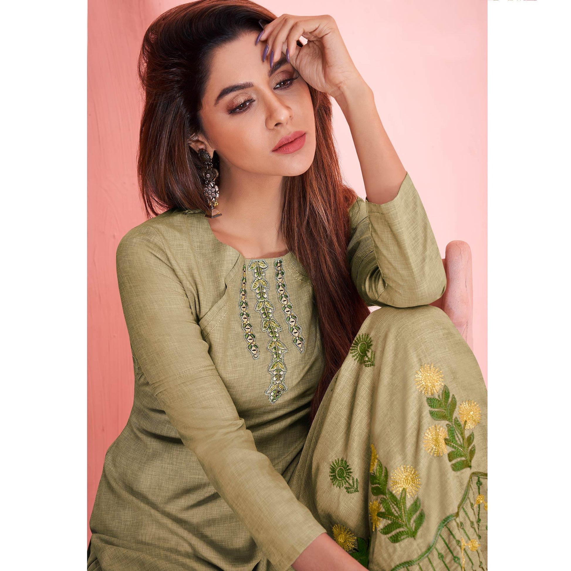 Charming Pastel Olive Green Colored Partywear Embroidered Rayon Kurti-Palazzo Set