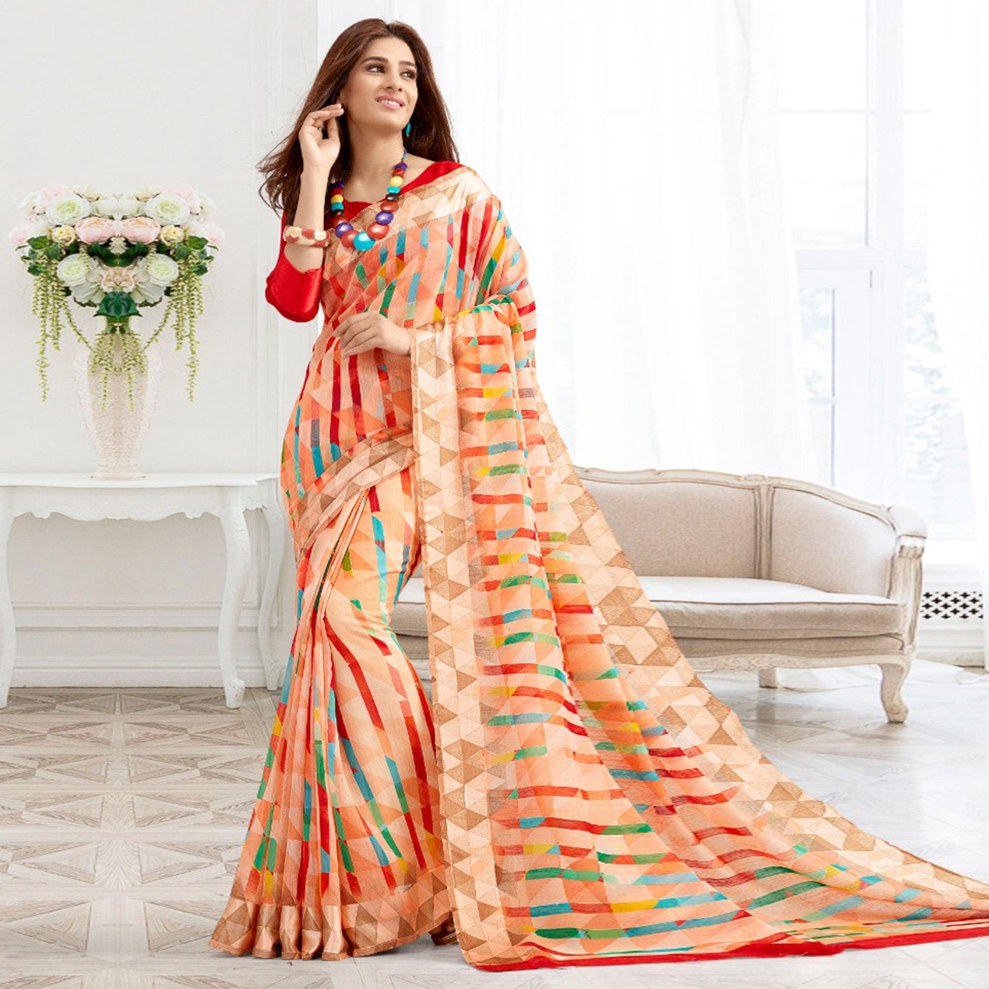 Charming Peach Colored Casual Printed Cotton Saree