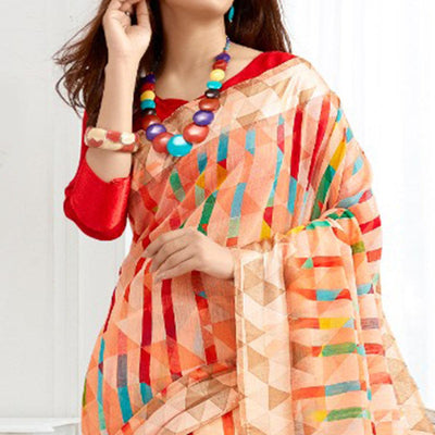 Charming Peach Colored Casual Printed Cotton Saree