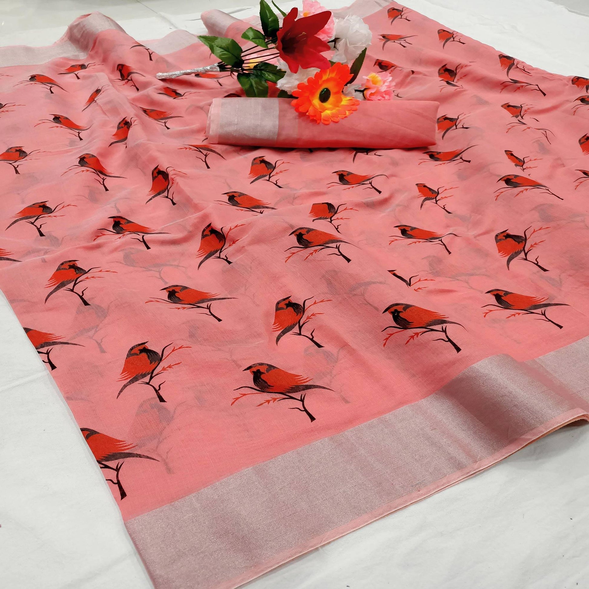 Charming Peach Colored Casual Wear Sparrow Block Printed Cotton Linen Saree