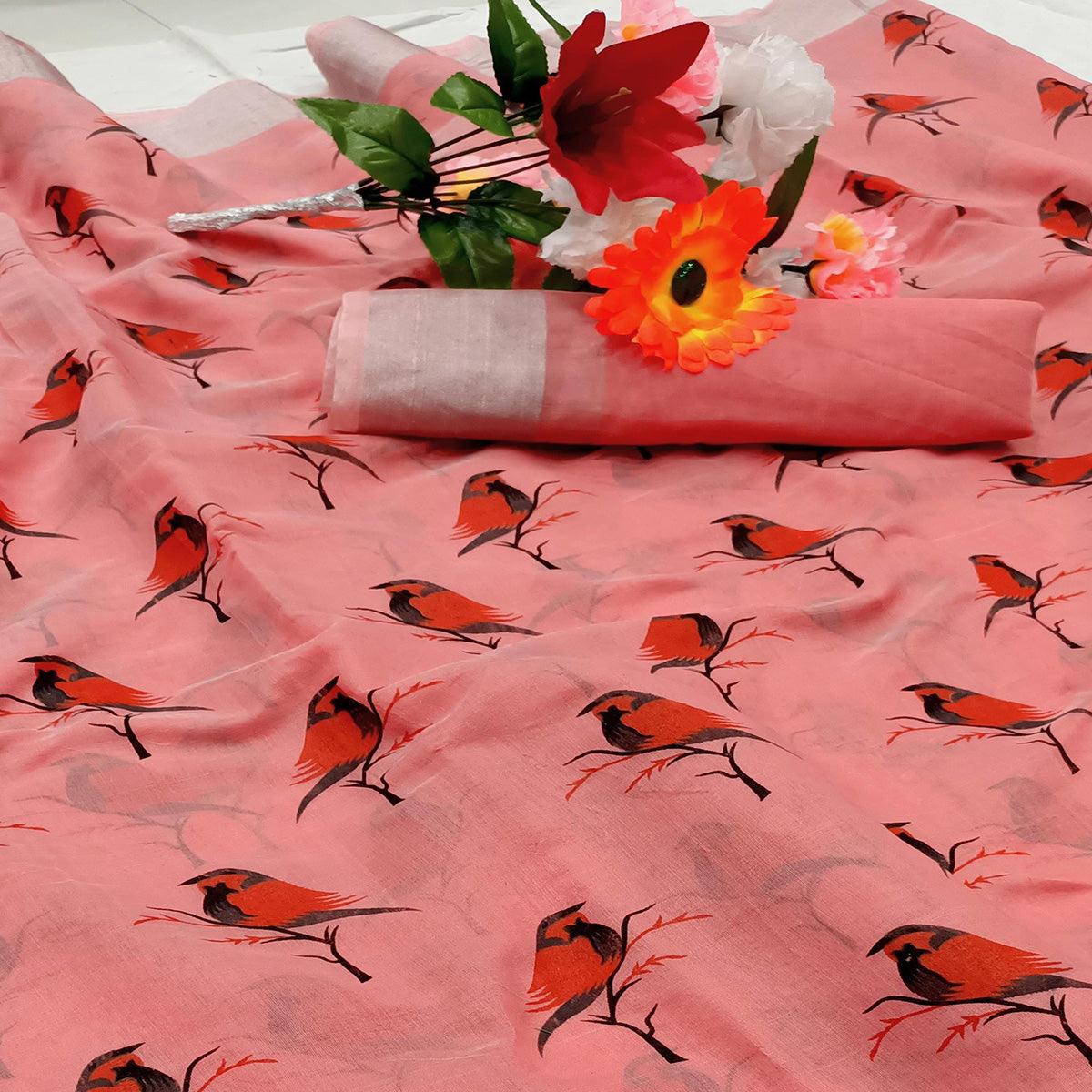 Charming Peach Colored Casual Wear Sparrow Block Printed Cotton Linen Saree