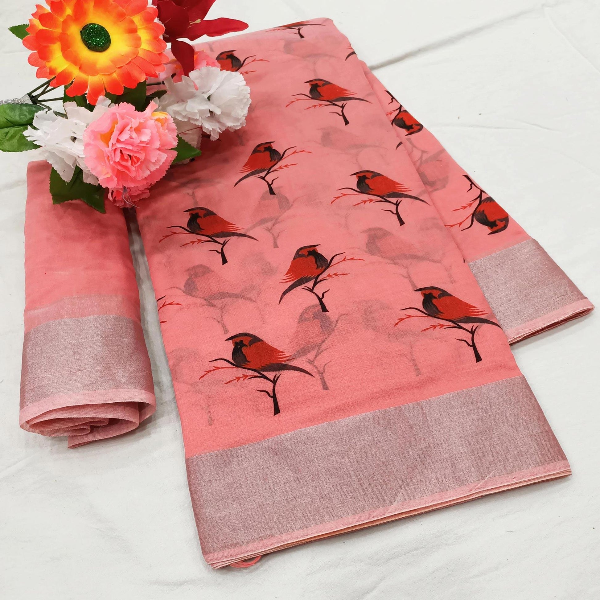 Charming Peach Colored Casual Wear Sparrow Block Printed Cotton Linen Saree