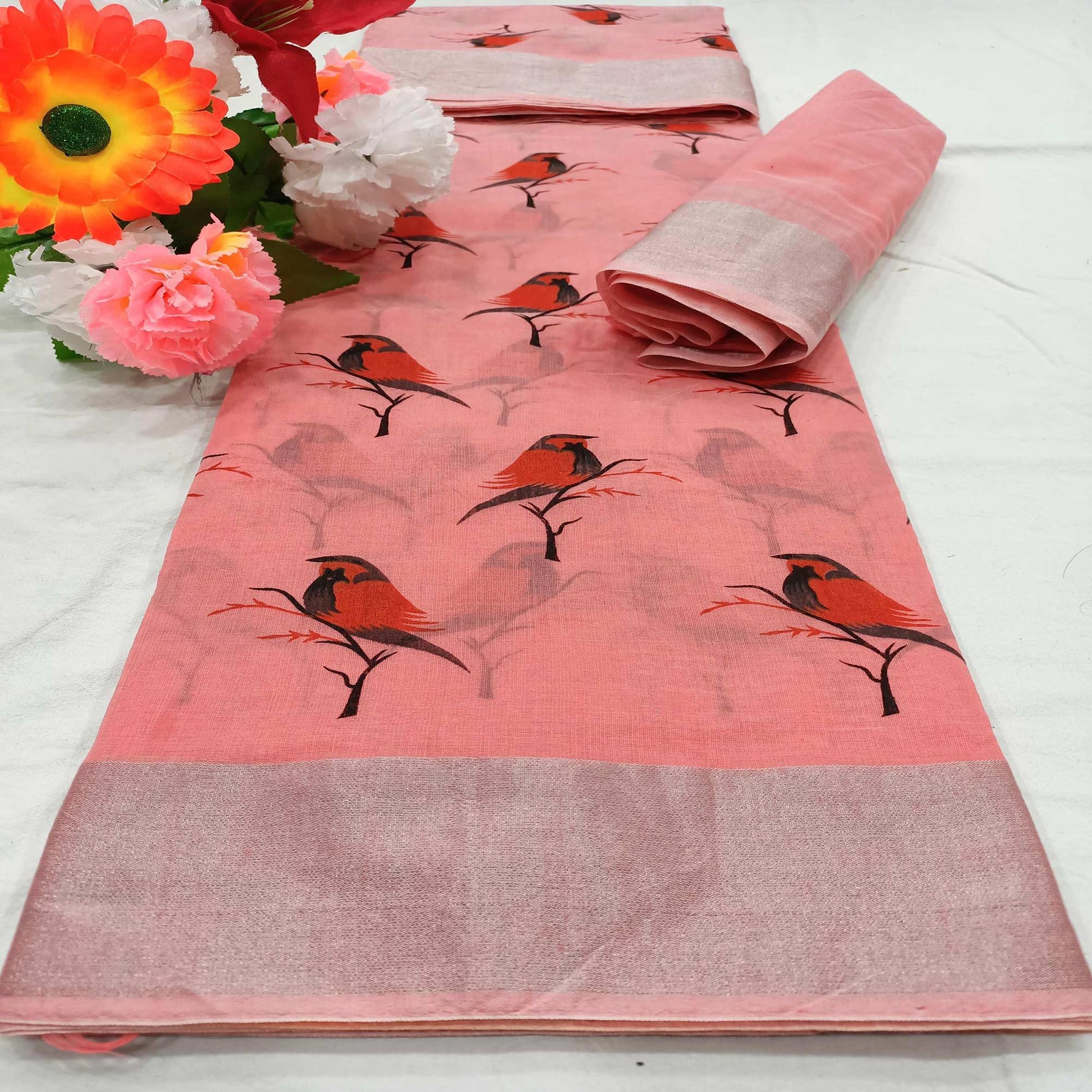 Charming Peach Colored Casual Wear Sparrow Block Printed Cotton Linen Saree