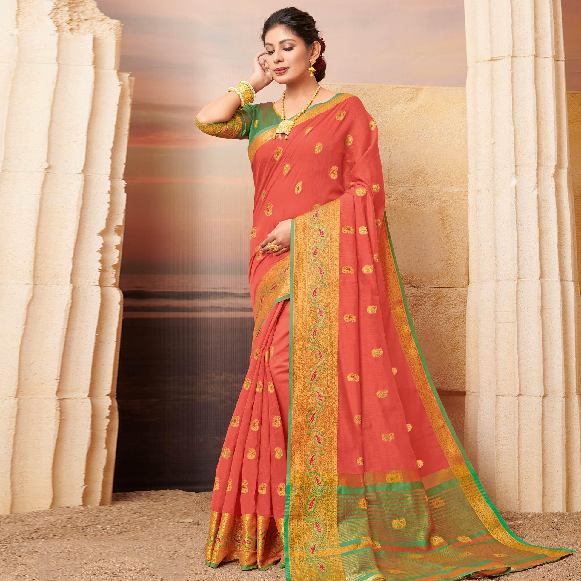 Charming Peach Colored Festive Wear Woven Cotton Saree