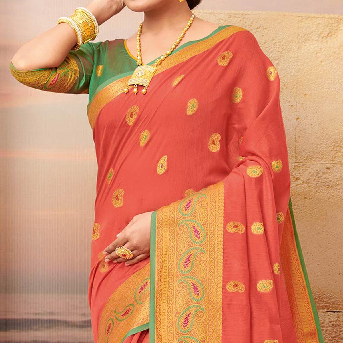 Charming Peach Colored Festive Wear Woven Cotton Saree