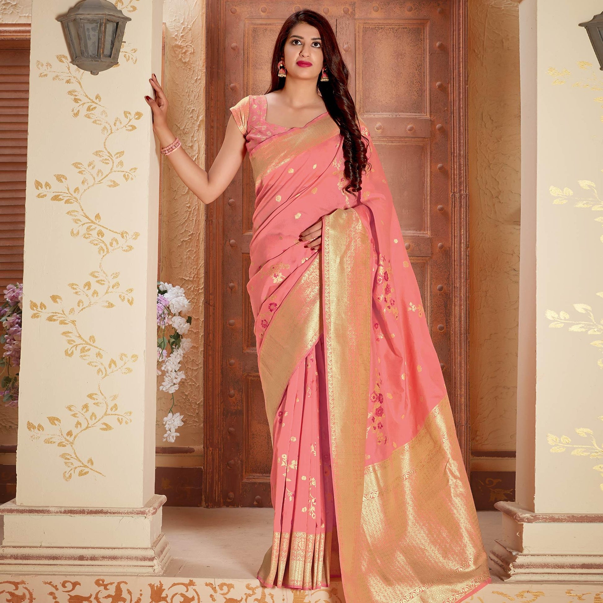 Charming Peach Colored Festive Wear Woven Silk Saree