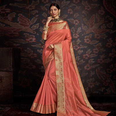 Charming Peach Colored Festive Wear Woven Silk Saree