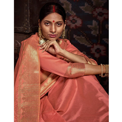 Charming Peach Colored Festive Wear Woven Silk Saree