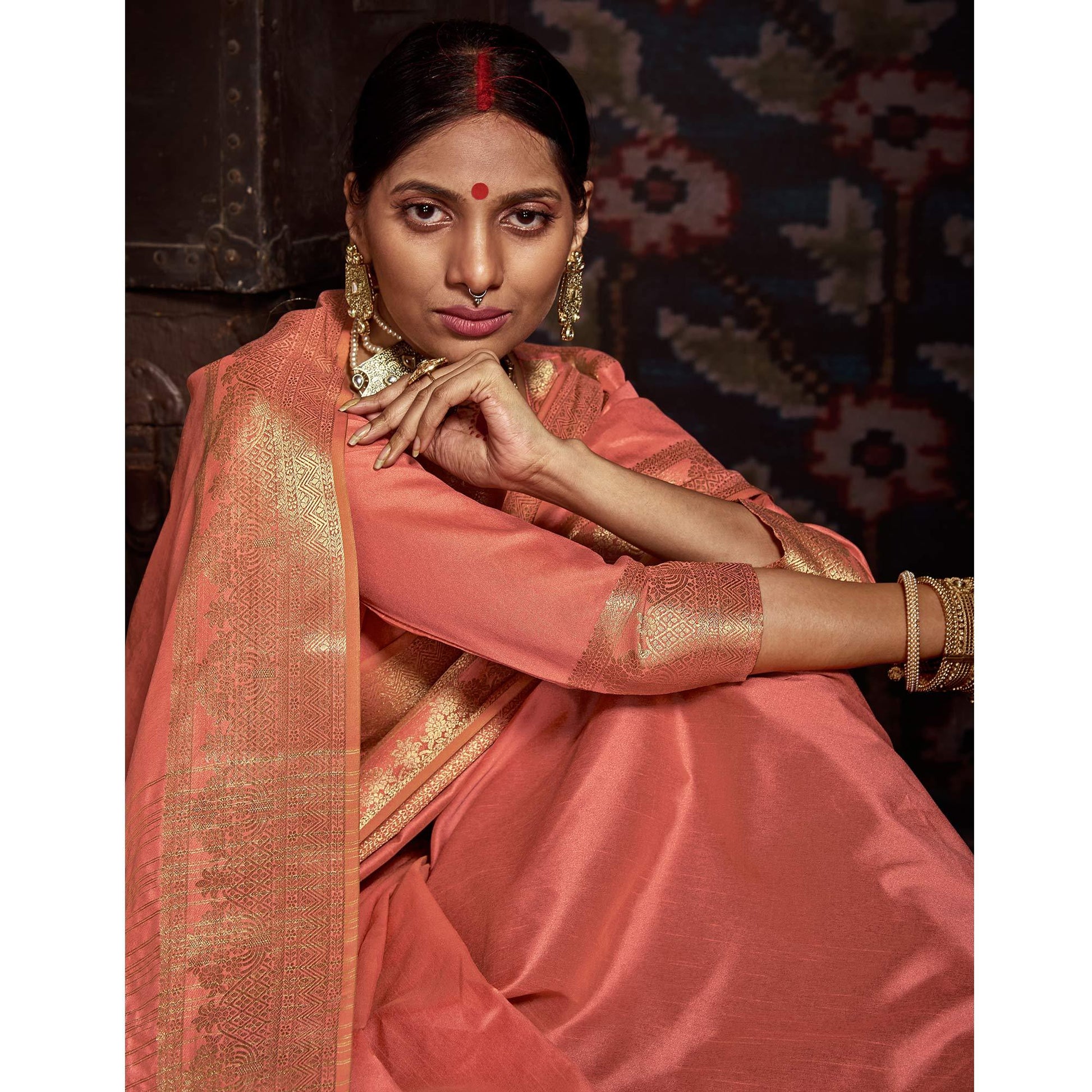 Charming Peach Colored Festive Wear Woven Silk Saree