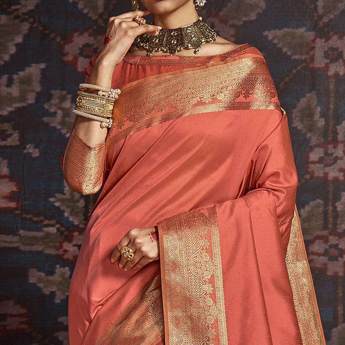 Charming Peach Colored Festive Wear Woven Silk Saree