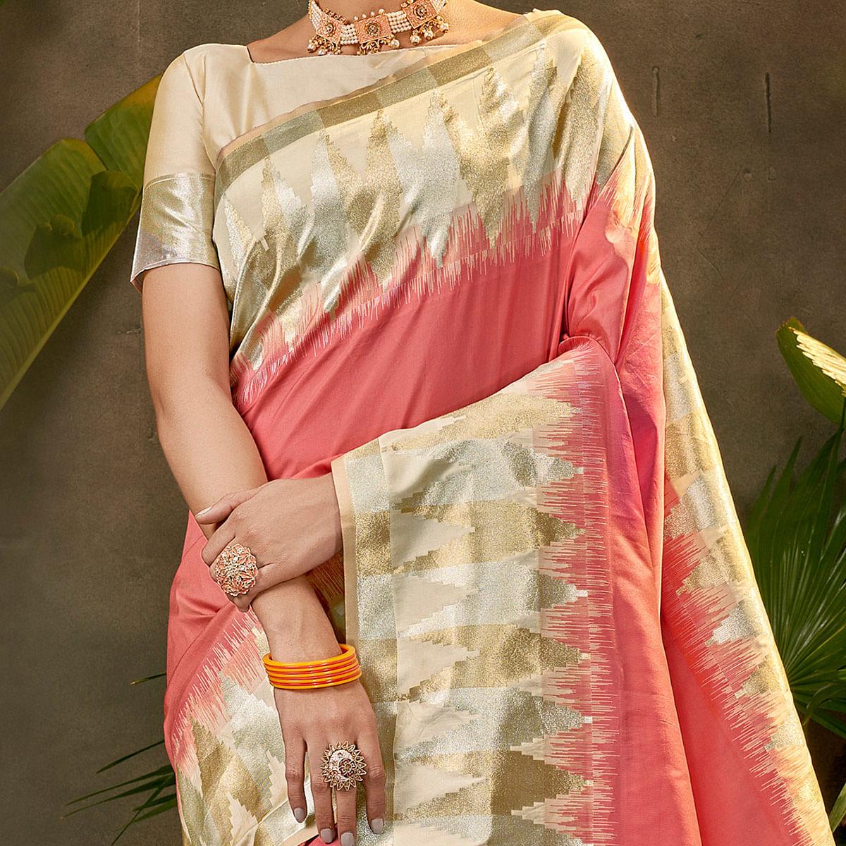 Charming Peach Coloured Festive Wear Woven Silk Saree