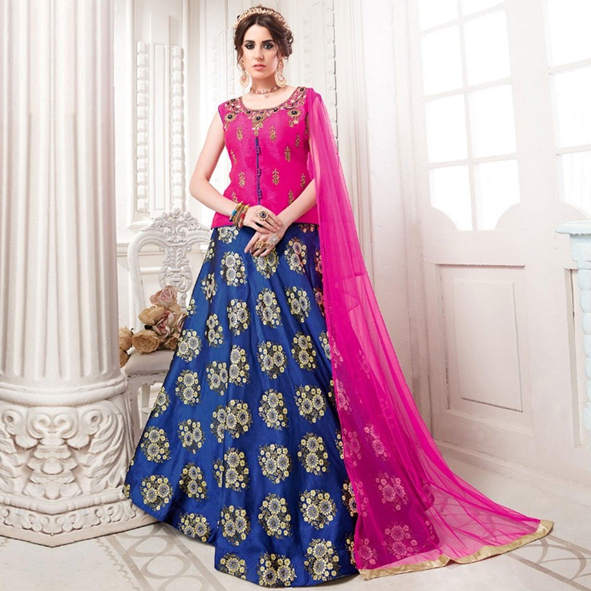 Charming Pink-Blue Colored Partywear Embroidered Jacquard Silk Lehenga Choli