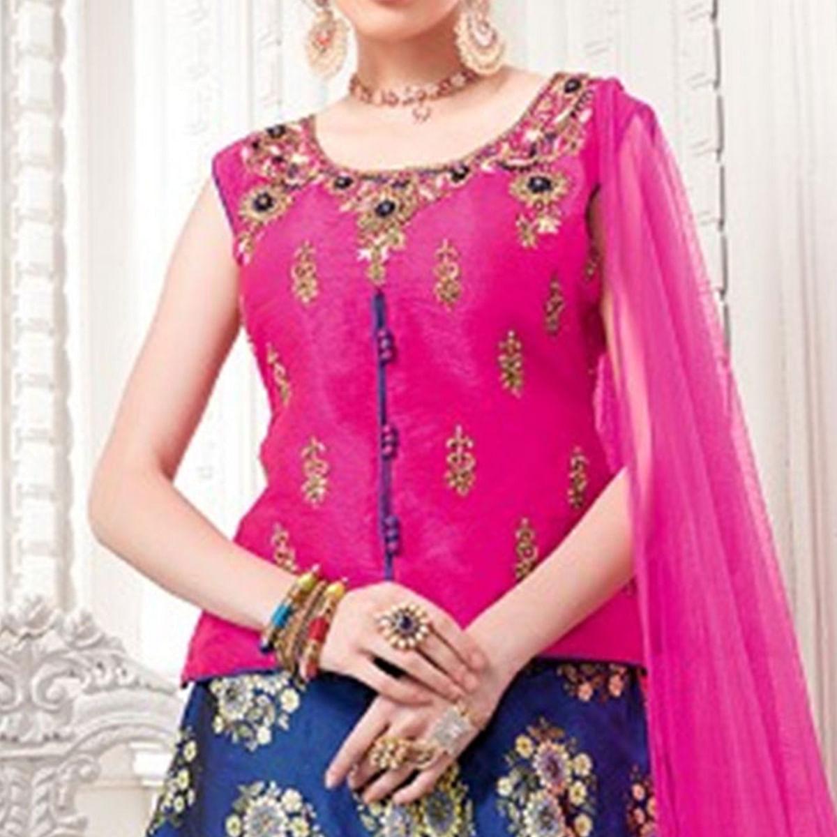 Charming Pink-Blue Colored Partywear Embroidered Jacquard Silk Lehenga Choli