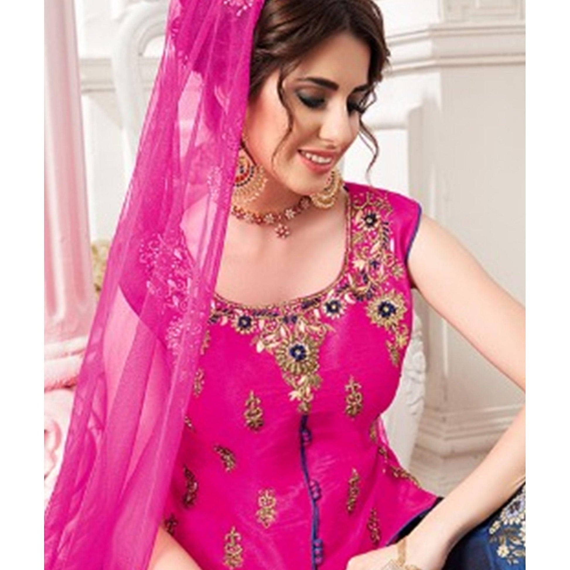 Charming Pink-Blue Colored Partywear Embroidered Jacquard Silk Lehenga Choli