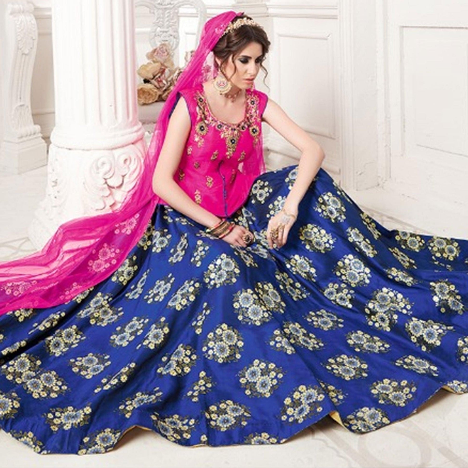 Charming Pink-Blue Colored Partywear Embroidered Jacquard Silk Lehenga Choli
