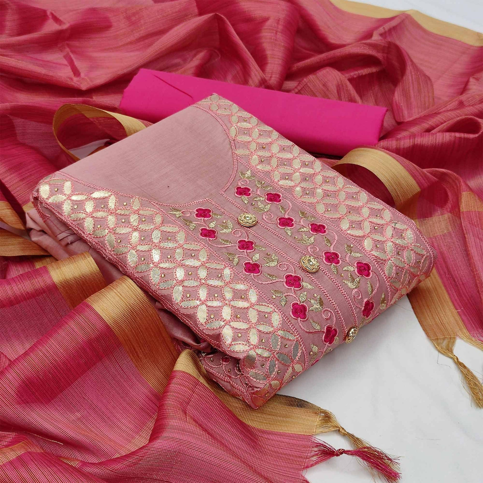Charming Pink Colored Casual Embroidered Cotton Dress Material