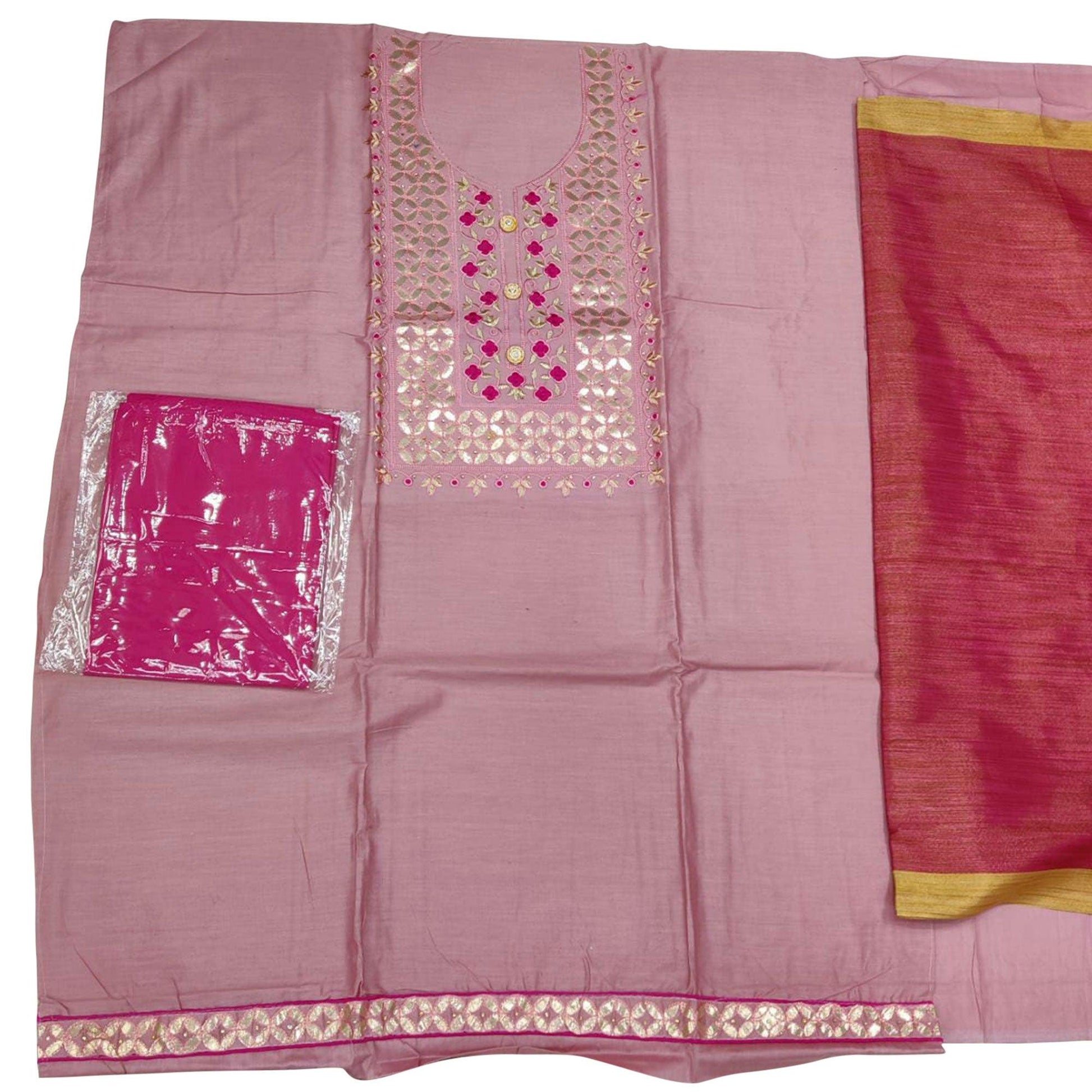 Charming Pink Colored Casual Embroidered Cotton Dress Material