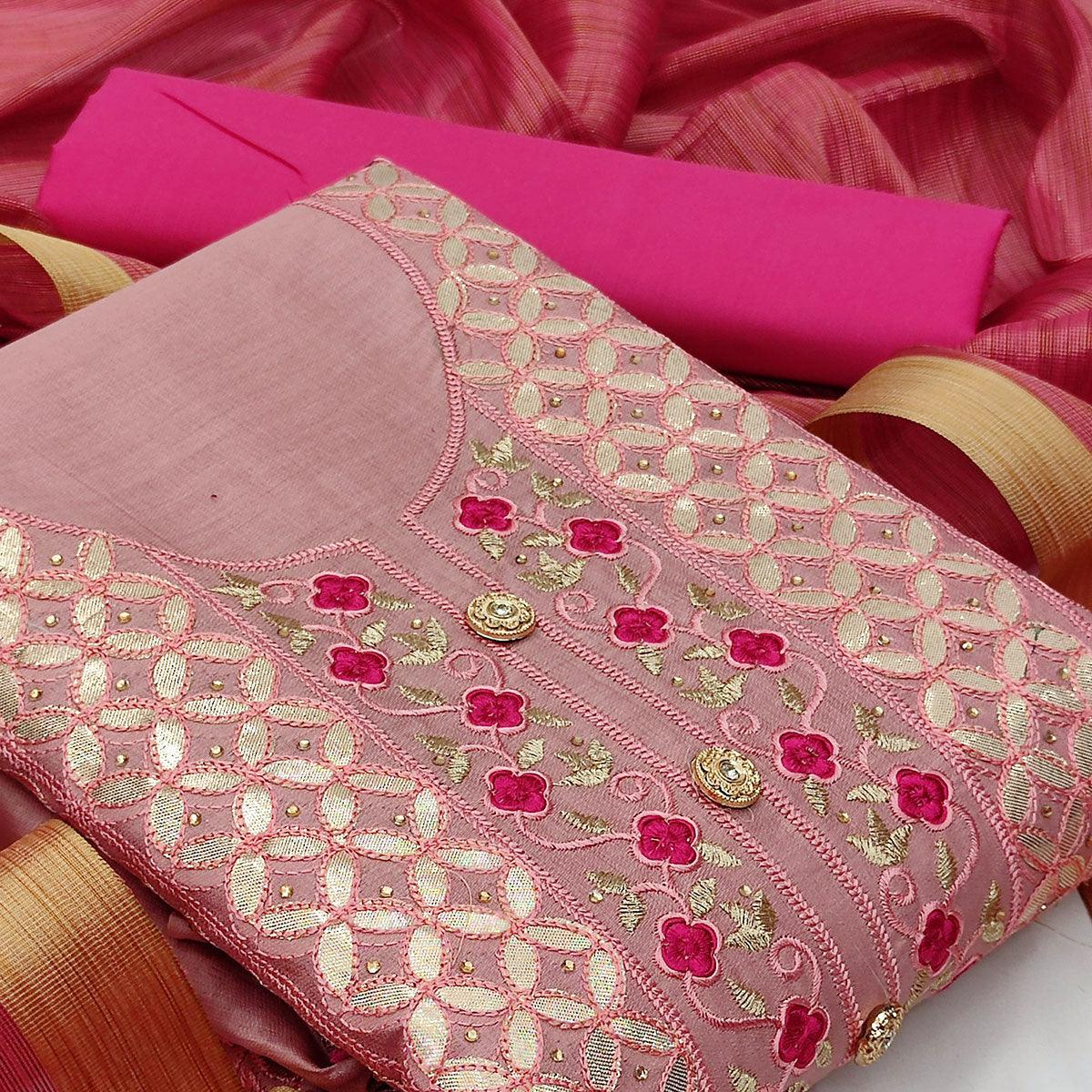 Charming Pink Colored Casual Embroidered Cotton Dress Material